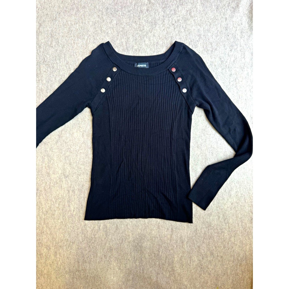 Express Womens Black Ribbed Knit Long Sleeve Button Shoulder Sweater Size L